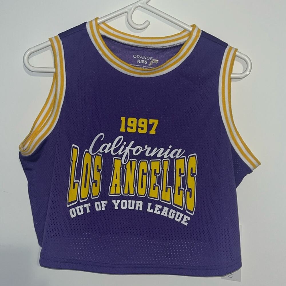 1997 California LA crop top purple and yellow junior XL - Picture 3 of 6
